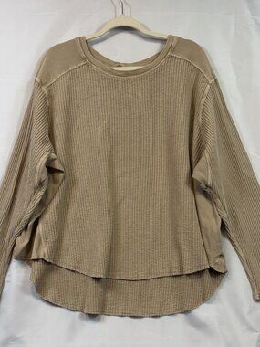 Free People FP One Blake Beige Waffle Knit Thermal Oversized Top Deep Cotton L